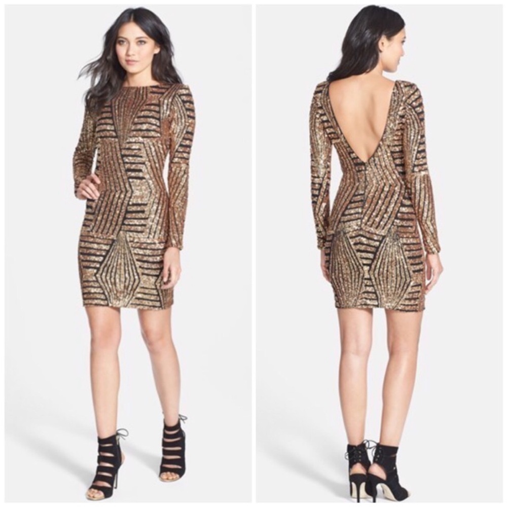 Dress the Population Gold Sequin Geometric Long Sleeve Mini Dress